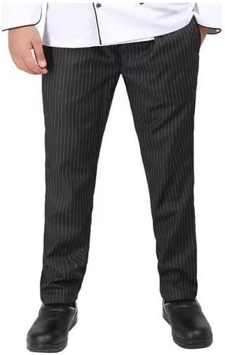 Yanek Chef Stripped Pattern Unisex Trousers with Elastic Waist and Drawstring, Size 36W
