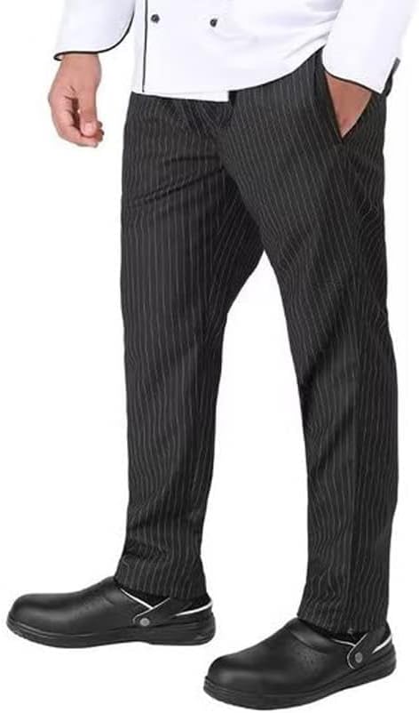 Yanek Chef Stripped Pattern Unisex Trousers with Elastic Waist and Drawstring, Size 36W