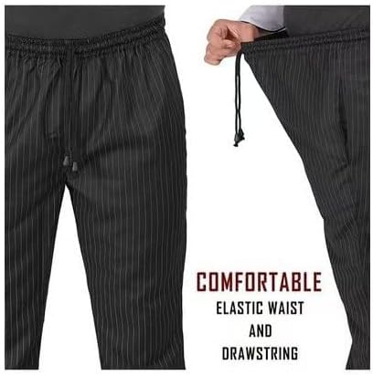 Yanek Chef Stripped Pattern Unisex Trousers with Elastic Waist and Drawstring, Size 36W