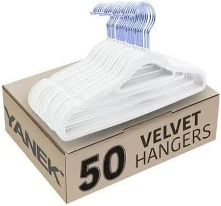 YANEK Non-Slip Velvet Hangers | Ultra Thin | Heavy Duty | 360° Rotating Hook | For Suit, Dress, Shirts (White, 50)