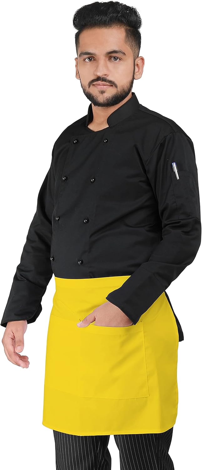 YANEK Kitchen Short Apron | Unisex | Chef Kitchen Adjustable Bib Apron with Pockets & Adjustable Tie Rope | For Home, Restaurant, Café, Hotel, Bakery, Salon