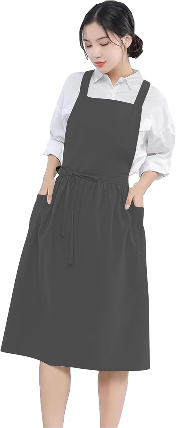 YANEK Cotton Linen Kitchen Apron for Women Durable, Washable, Comfortable and Durable with Pockets and Adjustable Straps; Perfect for Cooking, Baking, Flower Shop, Work, Cleaning