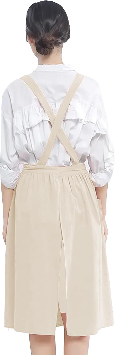 YANEK Cotton Linen Kitchen Apron for Women Durable, Washable, Comfortable and Durable with Pockets and Adjustable Straps; Perfect for Cooking, Baking, Flower Shop, Work, Cleaning