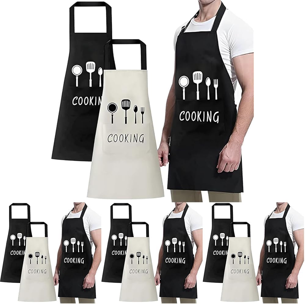 Yanek 2-Pack Adjustable Kitchen Aprons with Pockets – Waterproof, Oil-Proof Chef Bib Aprons with Adjustable Neck Strap, Perfect for Cooking, Baking, Grilling, and Household Use (White, Black)