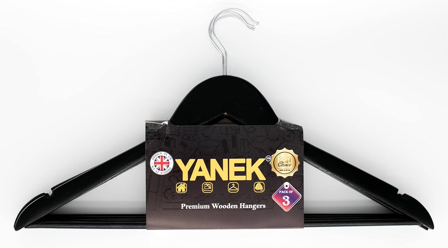 YANEK Solid Wood Hangers | Non-slip with Notches (Black, 30).