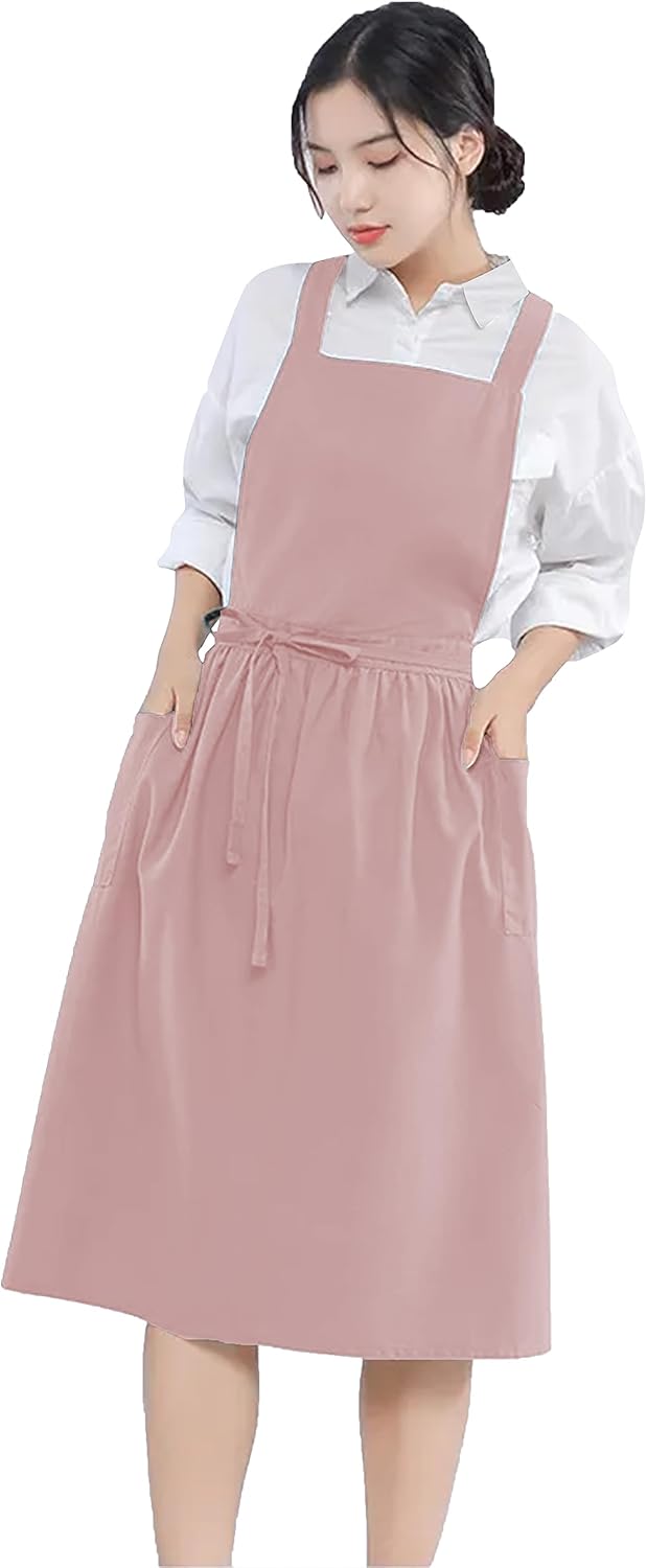 YANEK Cotton Linen Kitchen Apron for Women Durable, Washable, Comfortable and Durable with Pockets and Adjustable Straps; Perfect for Cooking, Baking, Flower Shop, Work, Cleaning