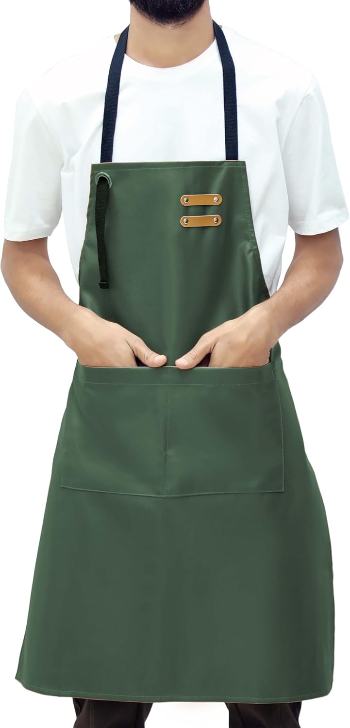 YANEK Unisex Waterproof Leather Chef Apron with Pockets | Leather Apron – Professional Heavy-duty for Home, Kitchen, BBQ, Coffee Shop | 2 Pockets, Adjustable Strap (Green)