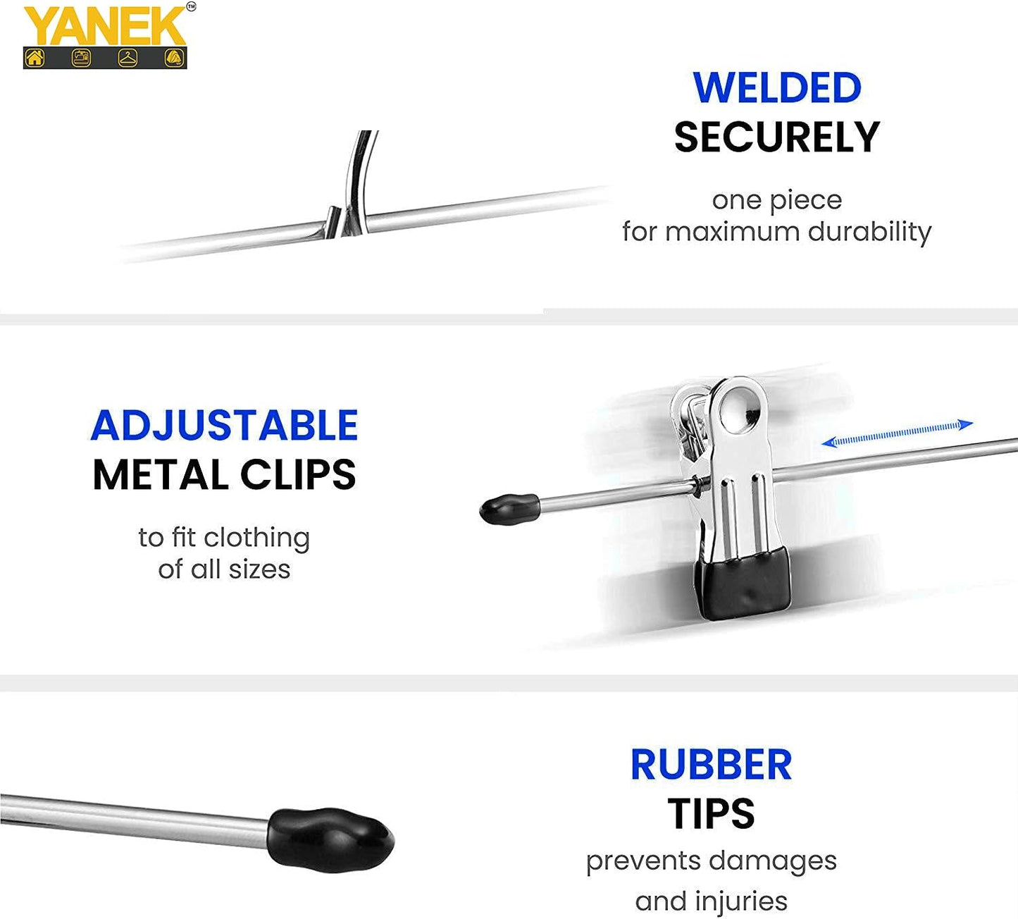 YANEK Pants & Skirt Hangers | With Adjustable Metal Clips | Space Saving (3, 12 Inch).