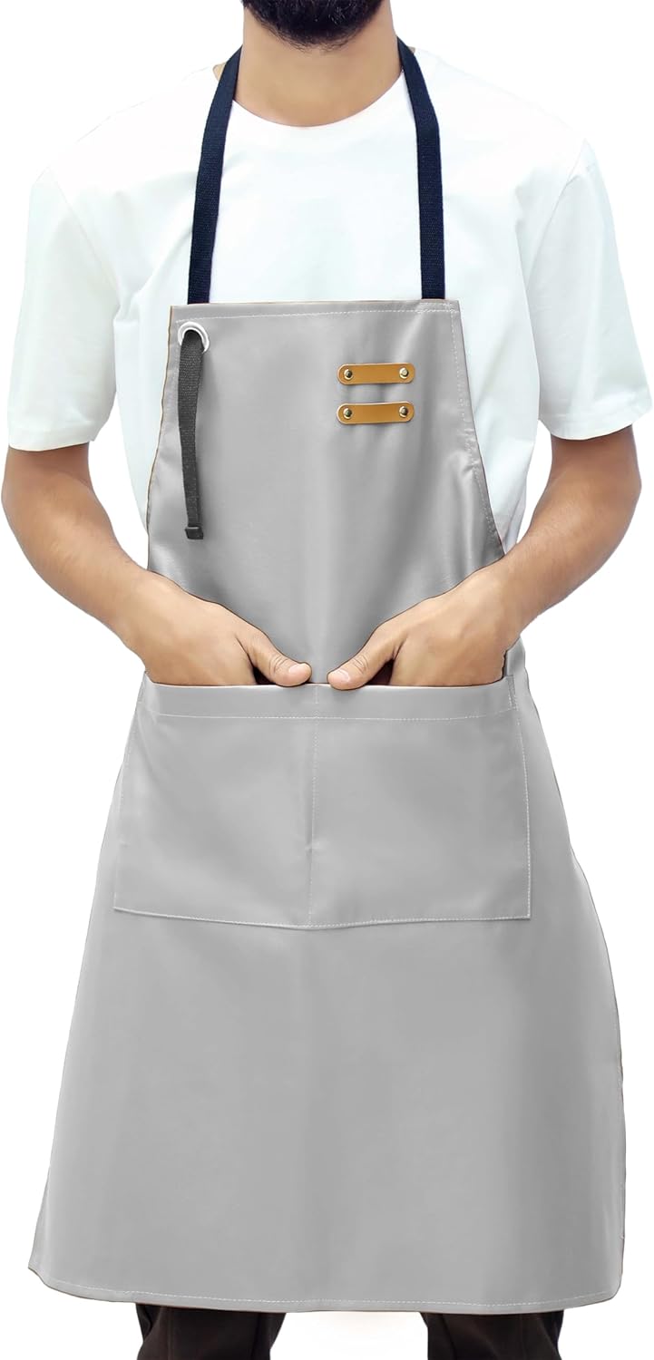YANEK Unisex Waterproof Leather Chef Apron with Pockets | Leather Apron – Professional Heavy-duty for Home, Kitchen, BBQ, Coffee Shop | 2 Pockets, Adjustable Strap (Green)