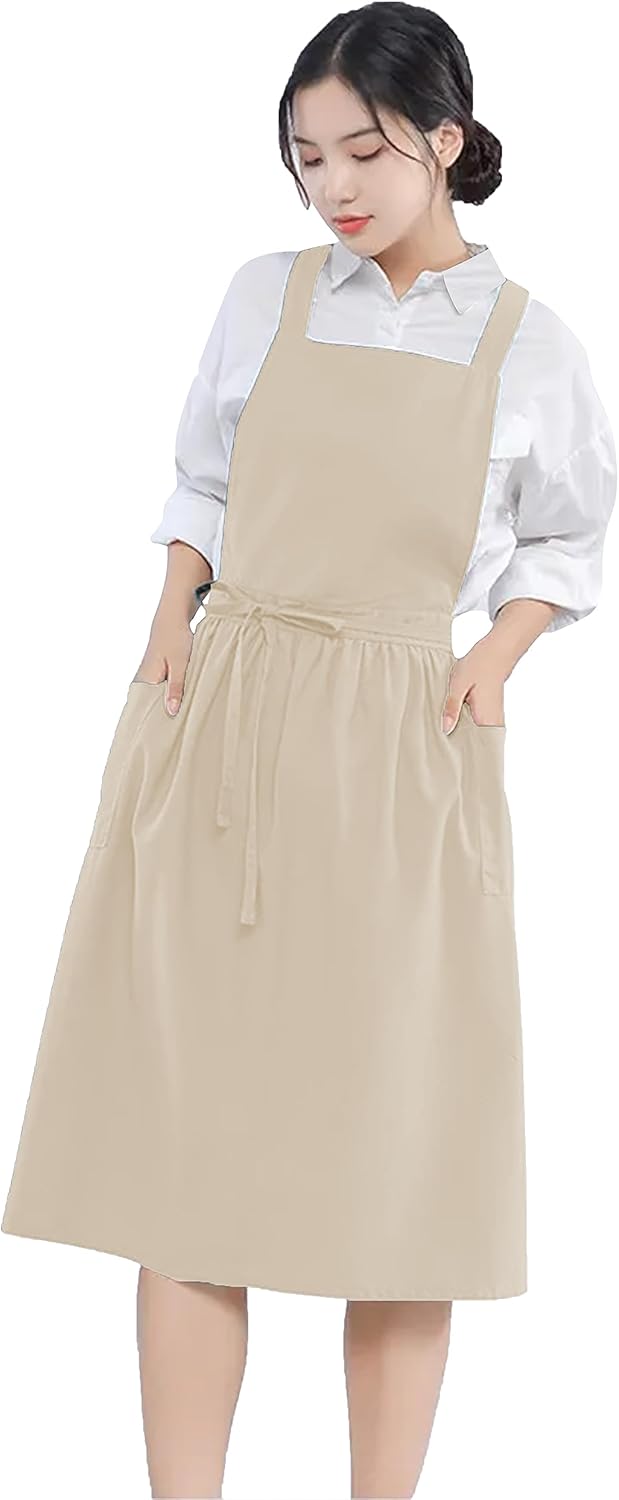 YANEK Cotton Linen Kitchen Apron for Women Durable, Washable, Comfortable and Durable with Pockets and Adjustable Straps; Perfect for Cooking, Baking, Flower Shop, Work, Cleaning