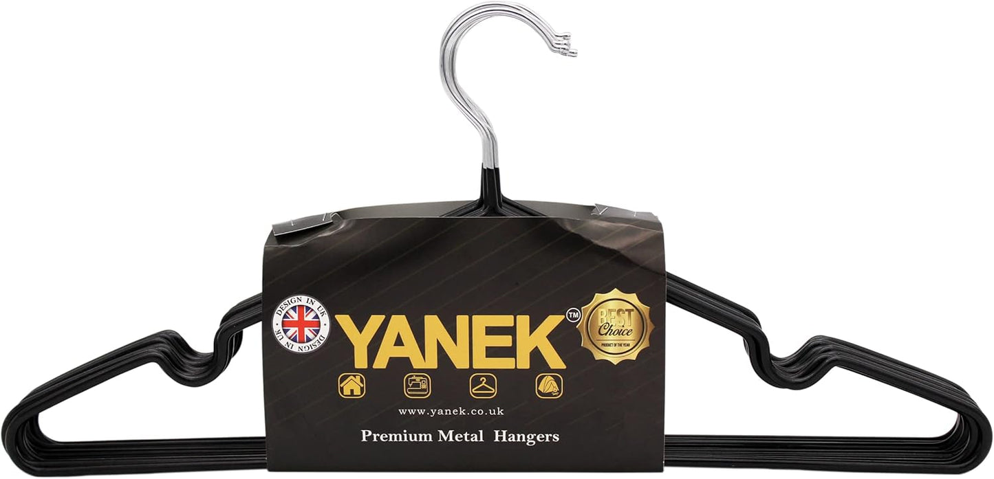 YANEK Metal Hangers | For Shirt, Coat, Trousers | Strong, Anti Slip & Space Saving | Rubber Coated, 40 CM (Black, 50)