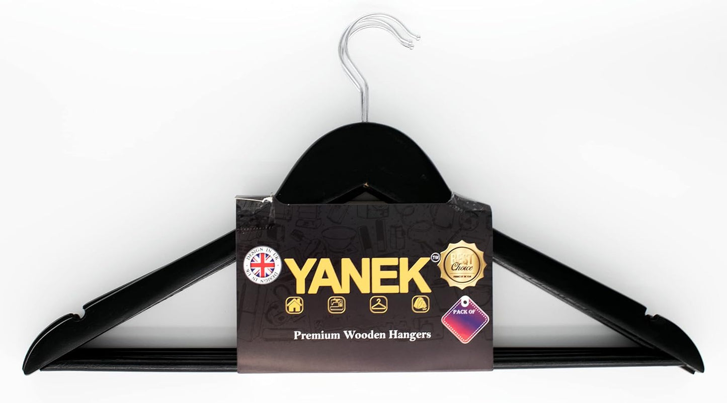 YANEK Solid Wood Hangers | Non-slip with Notches (Black, 30).