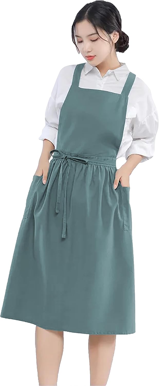 YANEK Cotton Linen Kitchen Apron for Women Durable, Washable, Comfortable and Durable with Pockets and Adjustable Straps; Perfect for Cooking, Baking, Flower Shop, Work, Cleaning