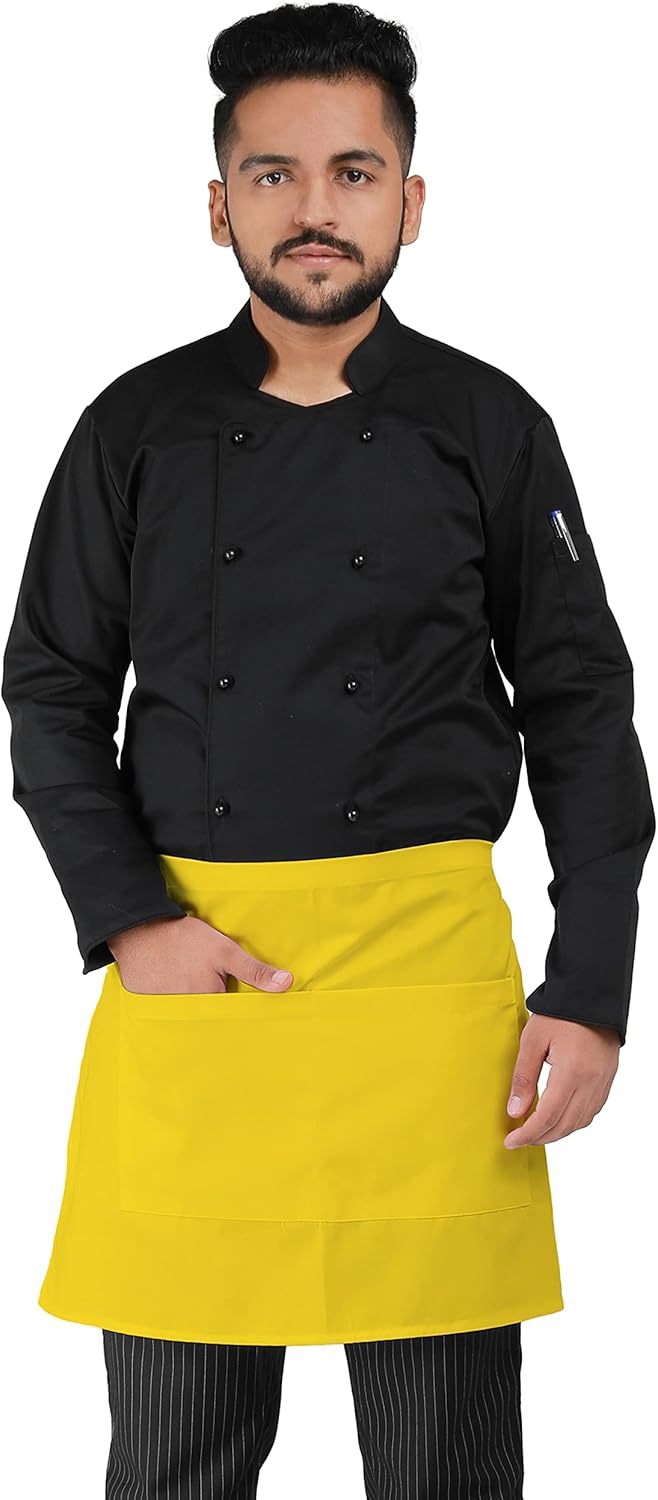 YANEK Kitchen Short Apron | Unisex | Chef Kitchen Adjustable Bib Apron with Pockets & Adjustable Tie Rope | For Home, Restaurant, Café, Hotel, Bakery, Salon