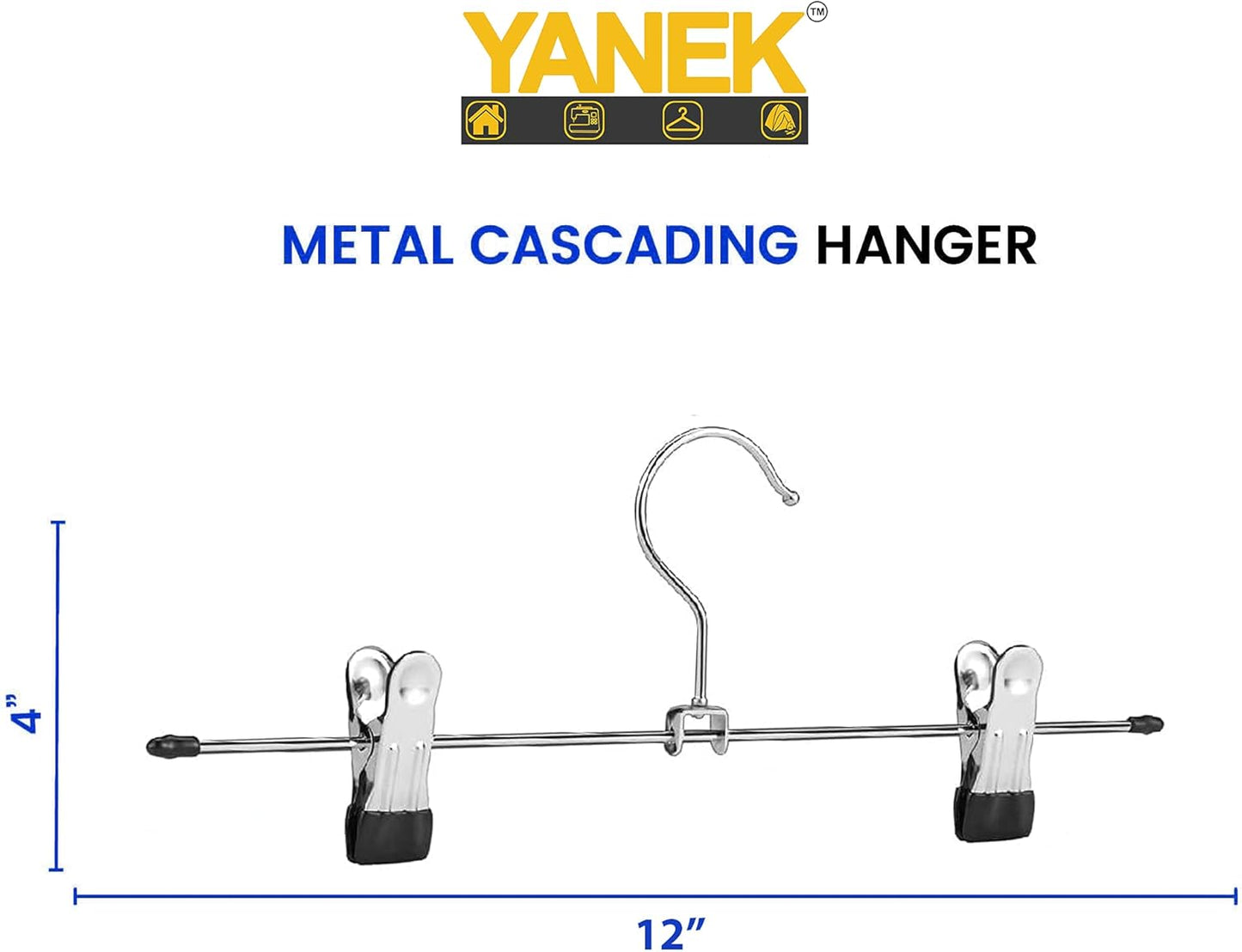 YANEK Pants & Skirt Hangers | With Adjustable Metal Clips | Space Saving (3, 12 Inch).