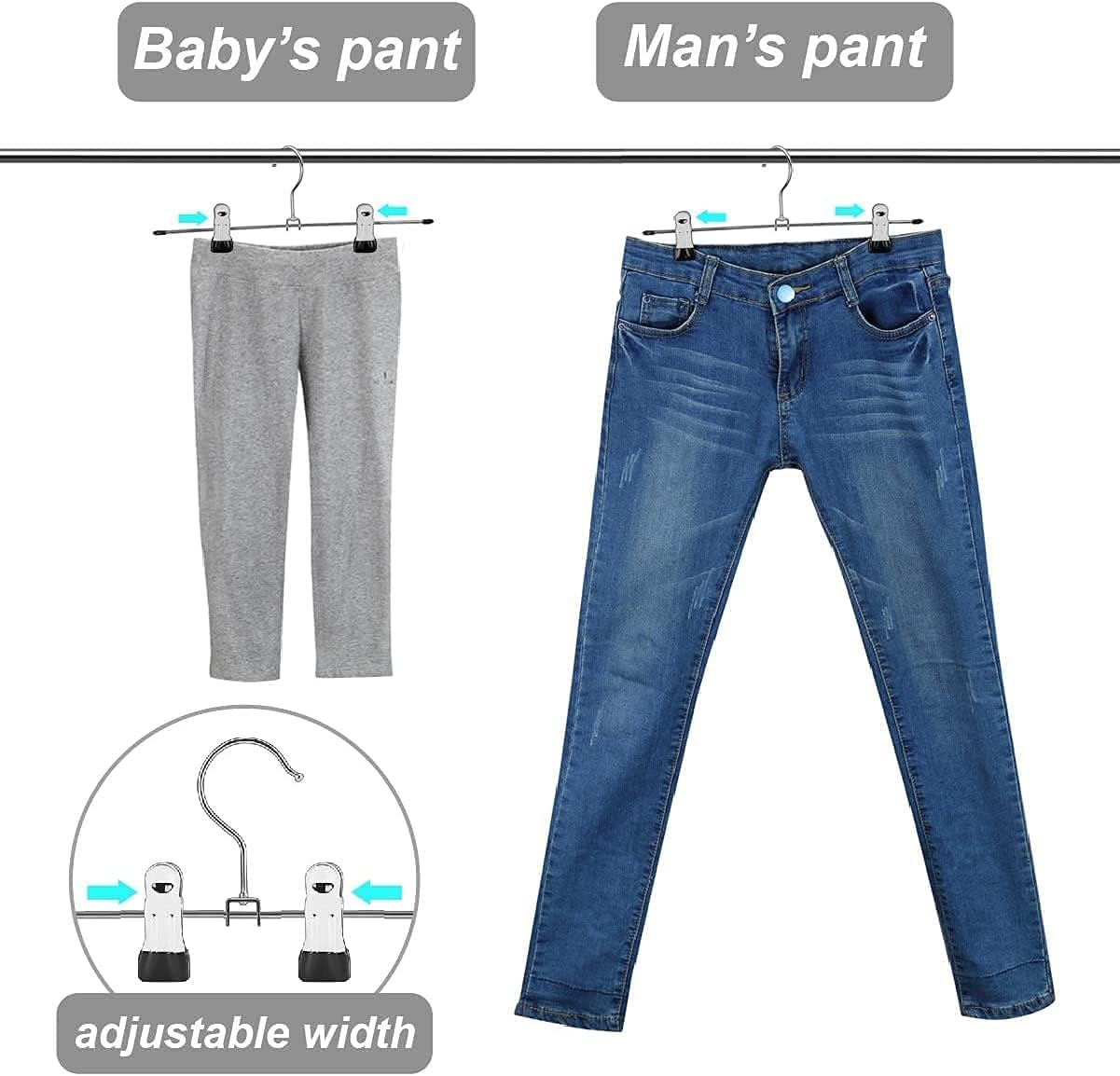 YANEK Pants & Skirt Hangers | With Adjustable Metal Clips | Space Saving (3, 12 Inch).