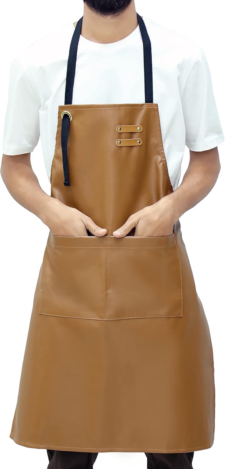 YANEK Unisex Waterproof Leather Chef Apron with Pockets | Leather Apron – Professional Heavy-duty for Home, Kitchen, BBQ, Coffee Shop | 2 Pockets, Adjustable Strap (Green)