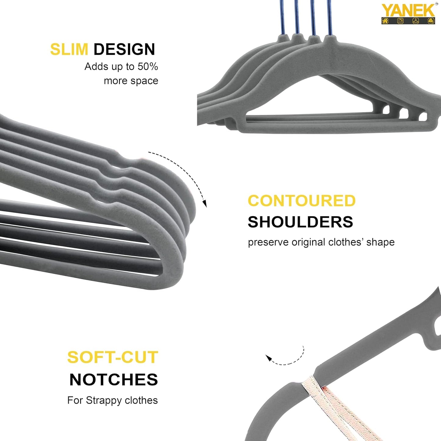 YANEK Non-Slip Velvet Hangers | Ultra Thin | Heavy Duty | 360° Rotating Hook | For Suit, Dress, Shirts (White, 50)