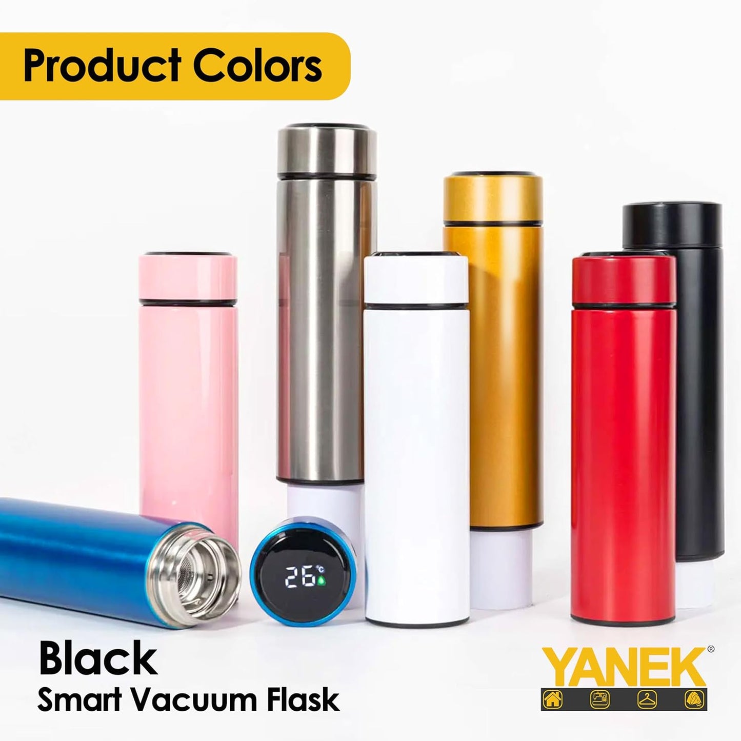 Yanek Smart Water Bottle Stainless Steel – Travel Mug with Smart LCD Touch Screen Temperature Display, Leak-Proof, Hot & Cold Beverage Flask, Ideal for Trave, Gym, Office, & Daily Use (BLACK)