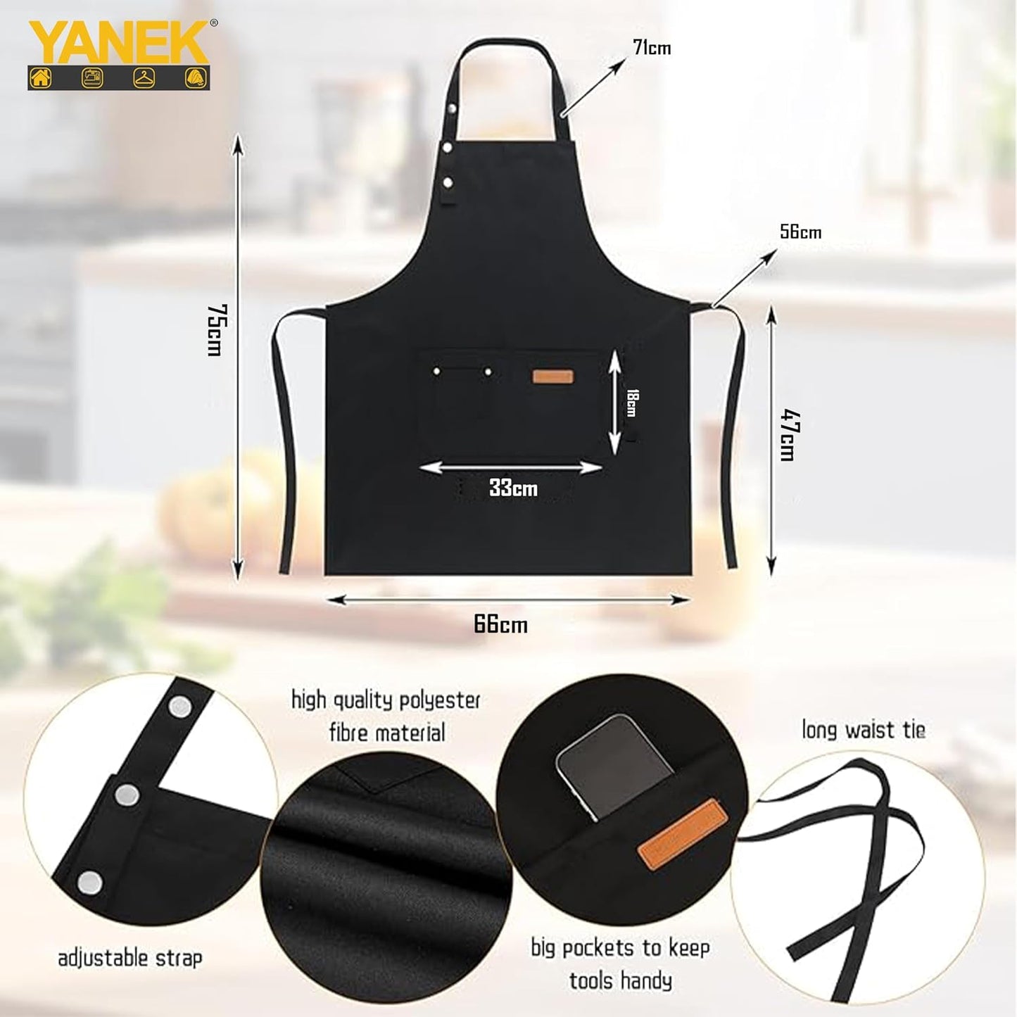 Yanek Adjustable Kitchen Apron for Women and Men – Waterproof Canvas Apron with Pockets, Ideal for Home, Restaurant, and Coffee House