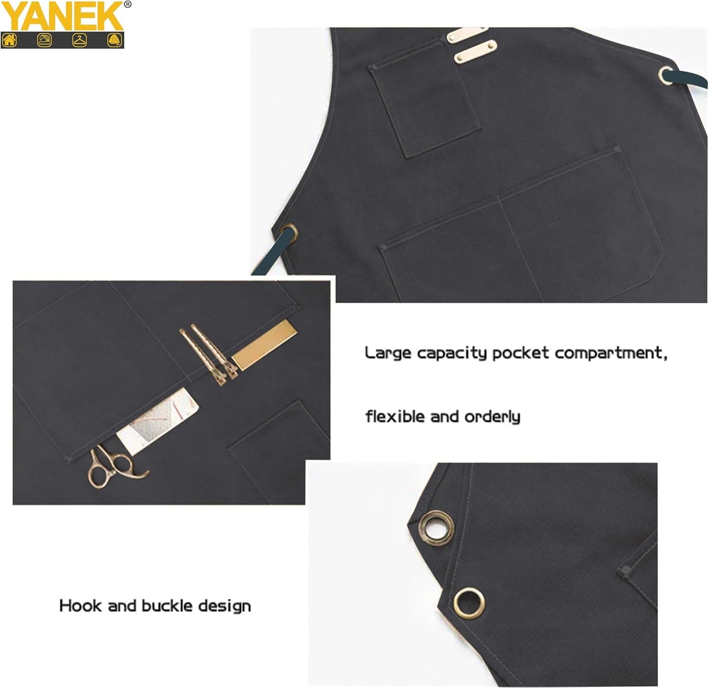 YANEK Chef Apron Cotton Canvas Cross Back Adjustable Apron with 3 Pockets Waterdrop Resistant | for Chef, Artist Painting, Baker, Barista, Bartender, Restaurant, BBQ Aprons for Unisex