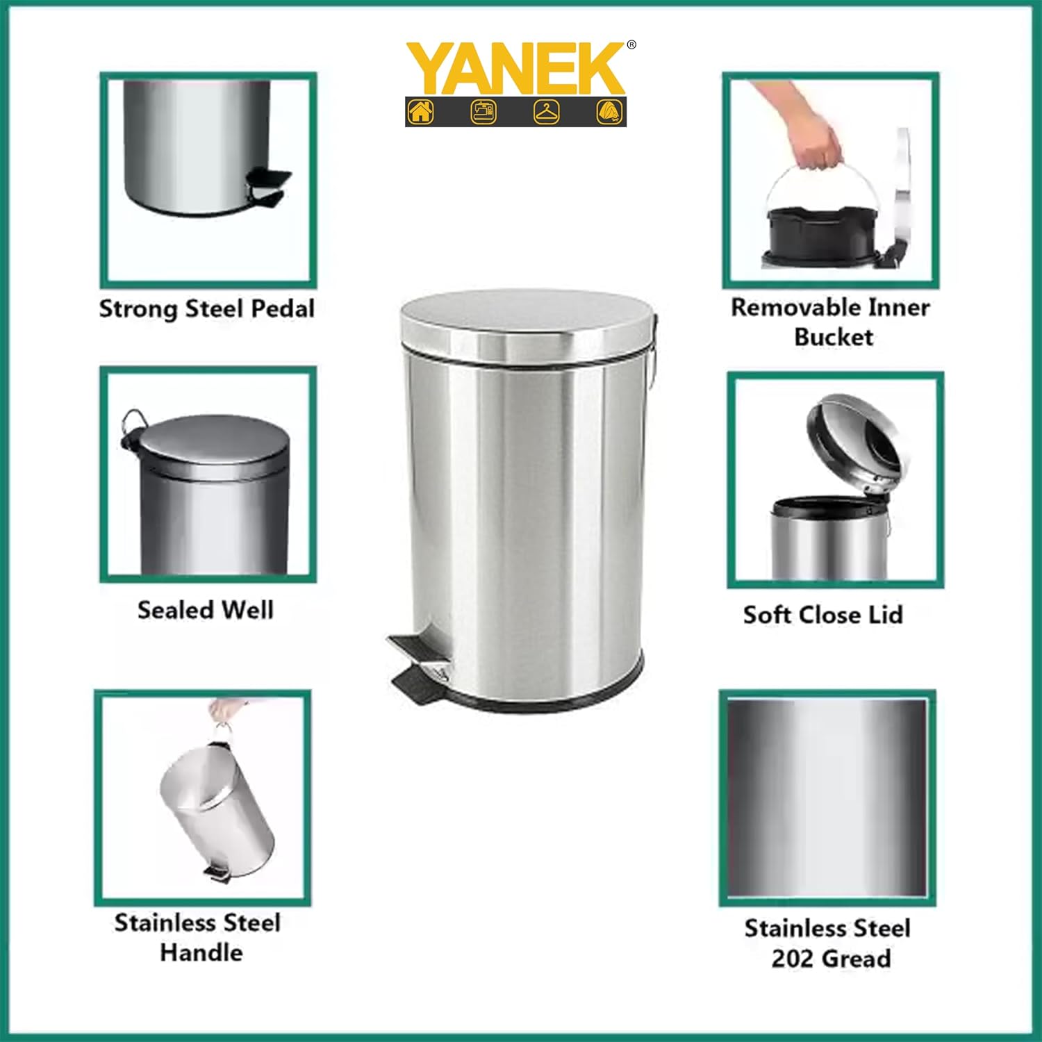 Yanek Stainless Steel Pedal Bin 5L - Compact Trash Can with Foot Pedal for Bathroom, Kitchen, Office, and Home Use - Durable, perfect for small trash items