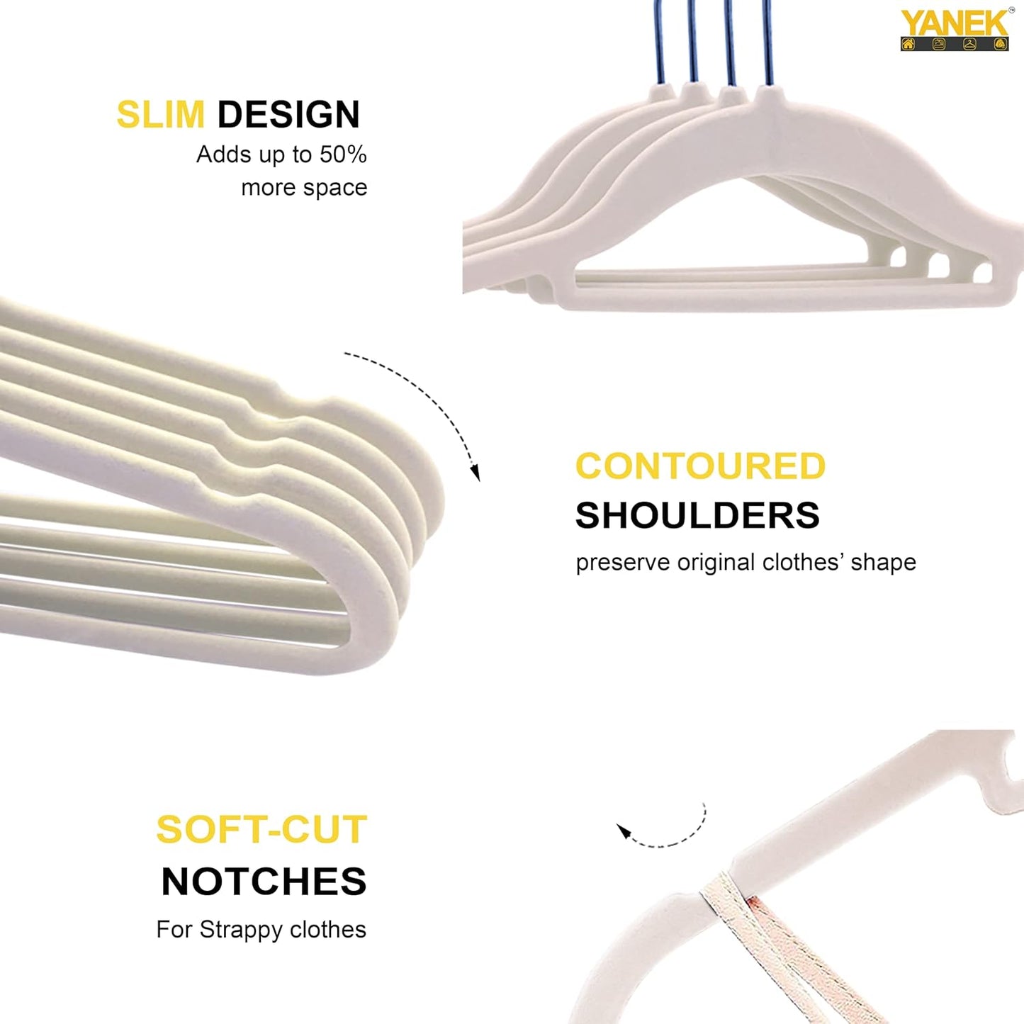 YANEK Non-Slip Velvet Hangers | Ultra Thin | Heavy Duty | 360° Rotating Hook | For Suit, Dress, Shirts (White, 50)