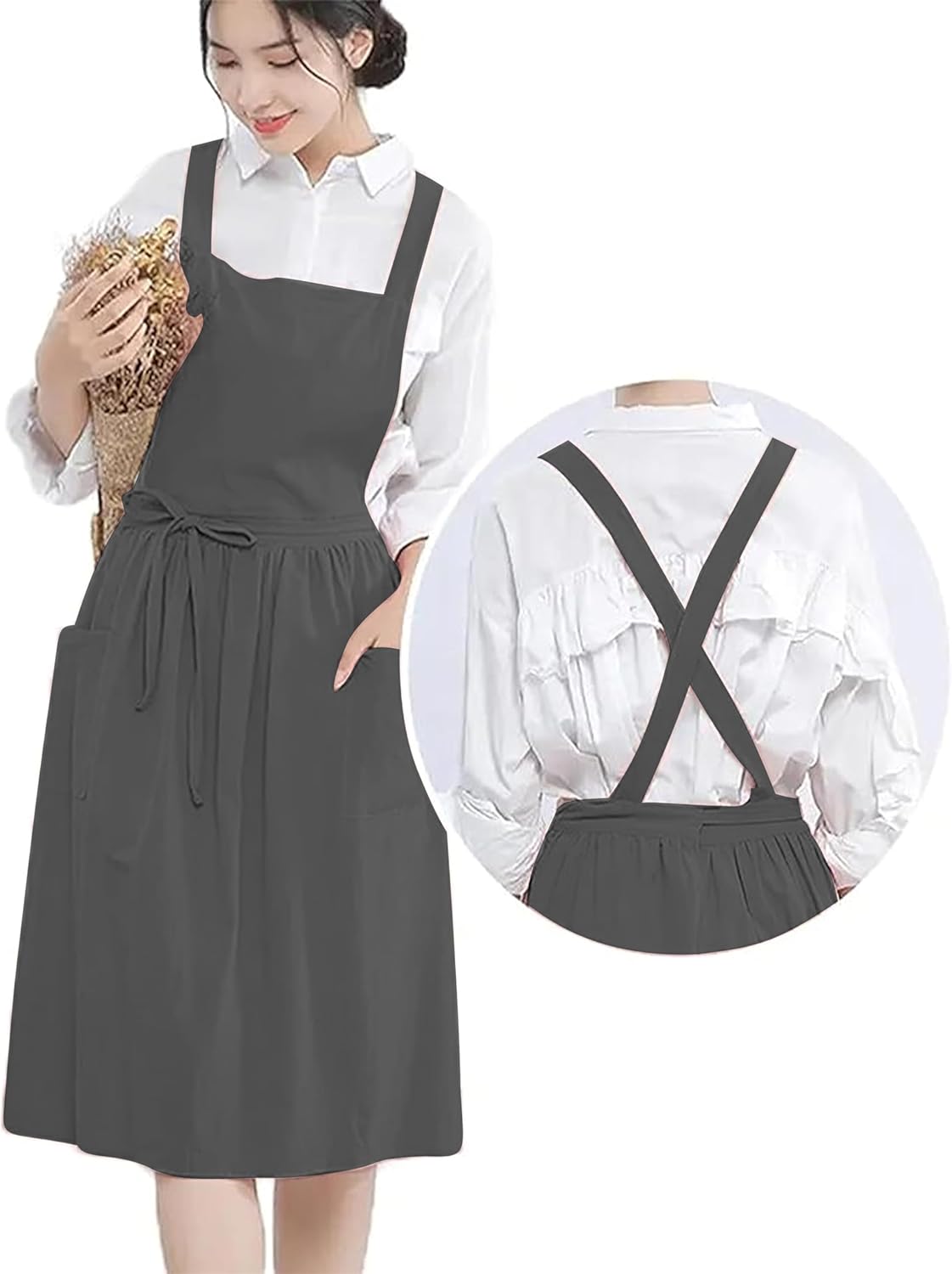 YANEK Cotton Linen Kitchen Apron for Women Durable, Washable, Comfortable and Durable with Pockets and Adjustable Straps; Perfect for Cooking, Baking, Flower Shop, Work, Cleaning