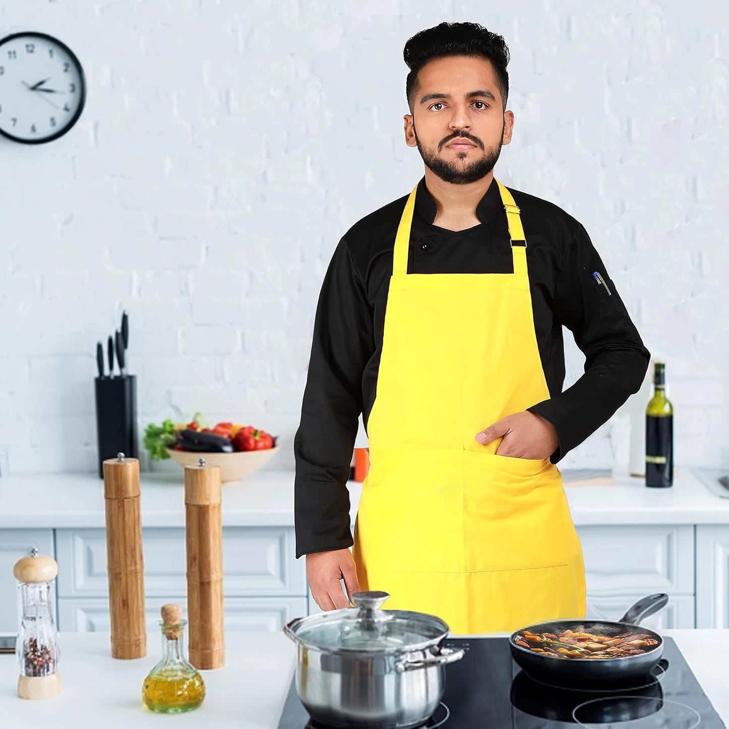 YANEK Kitchen Apron | Unisex Chef Kitchen Adjustable Bib Apron with Pockets | For Home, Restaurant, Cafe