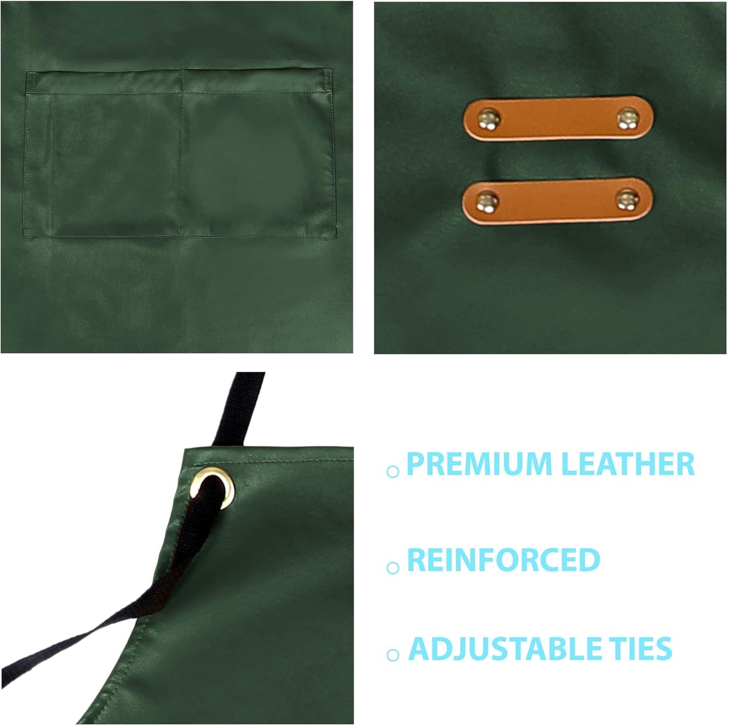 YANEK Unisex Waterproof Leather Chef Apron with Pockets | Leather Apron – Professional Heavy-duty for Home, Kitchen, BBQ, Coffee Shop | 2 Pockets, Adjustable Strap (Green)