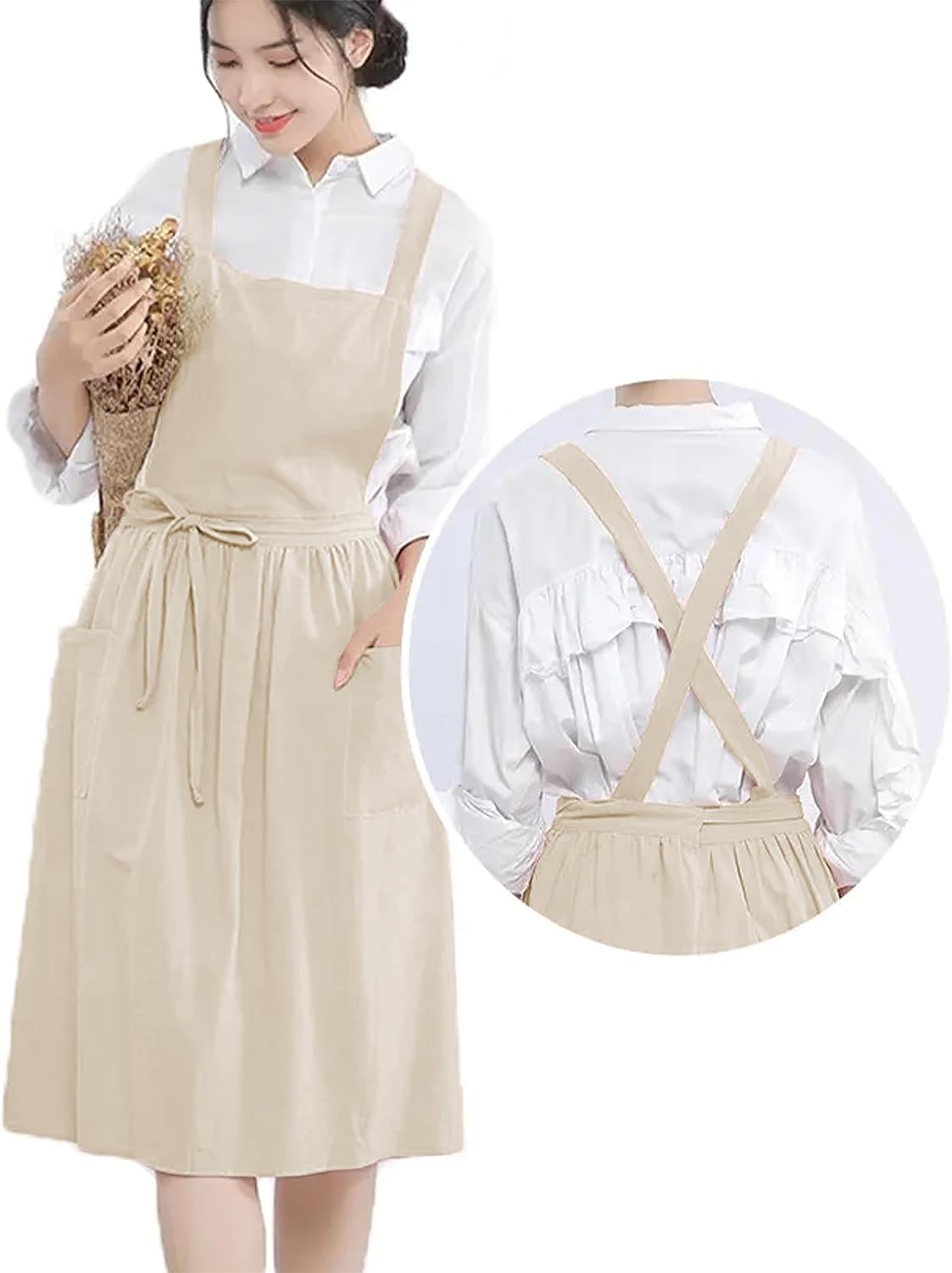 YANEK Cotton Linen Kitchen Apron for Women Durable, Washable, Comfortable and Durable with Pockets and Adjustable Straps; Perfect for Cooking, Baking, Flower Shop, Work, Cleaning