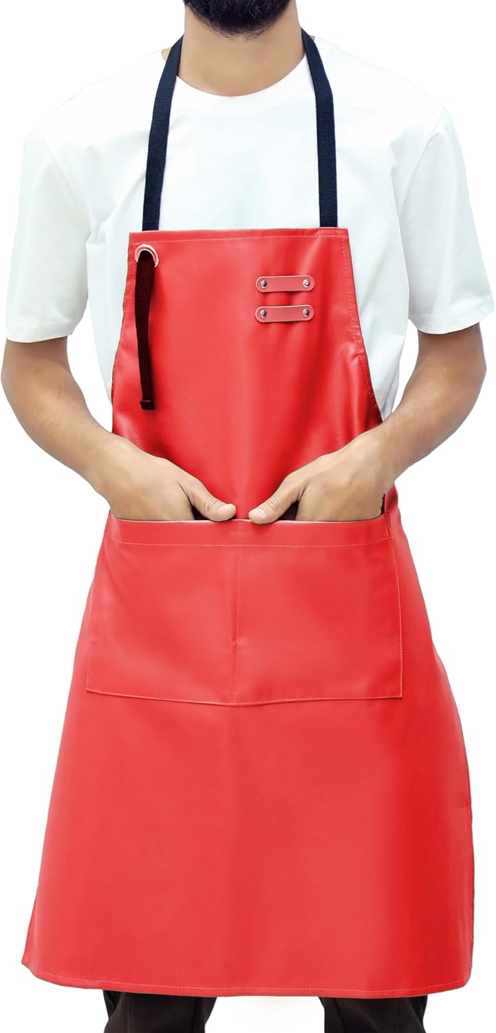 YANEK Unisex Waterproof Leather Chef Apron with Pockets | Leather Apron – Professional Heavy-duty for Home, Kitchen, BBQ, Coffee Shop | 2 Pockets, Adjustable Strap (Green)