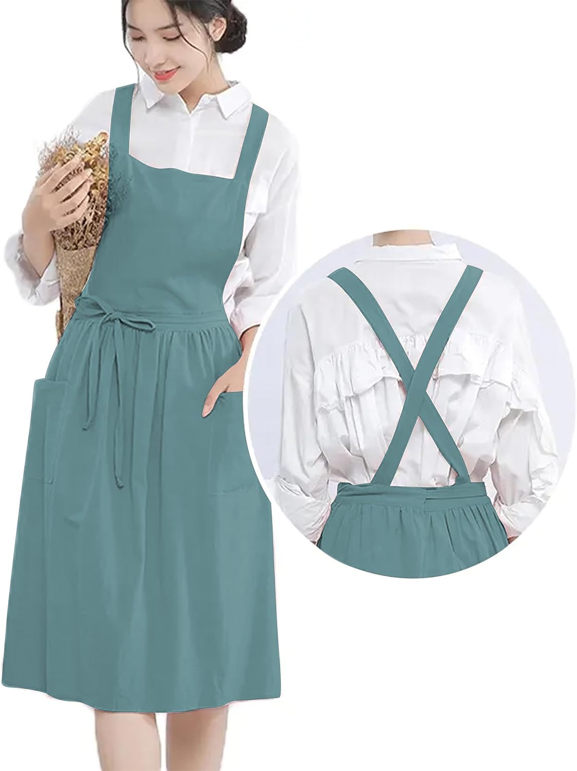 YANEK Cotton Linen Kitchen Apron for Women Durable, Washable, Comfortable and Durable with Pockets and Adjustable Straps; Perfect for Cooking, Baking, Flower Shop, Work, Cleaning