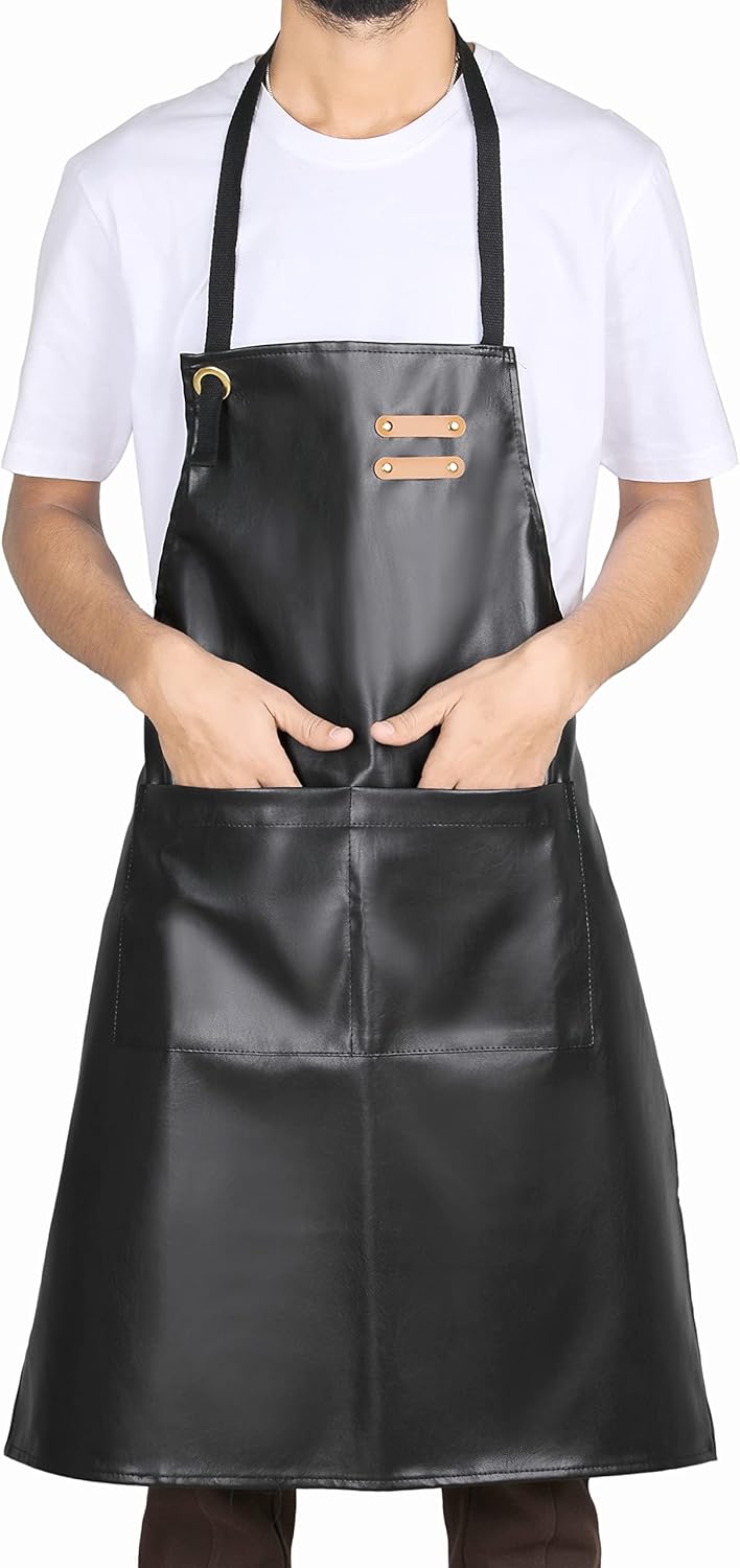 YANEK Unisex Waterproof Leather Chef Apron with Pockets | Leather Apron – Professional Heavy-duty for Home, Kitchen, BBQ, Coffee Shop | 2 Pockets, Adjustable Strap (Green)