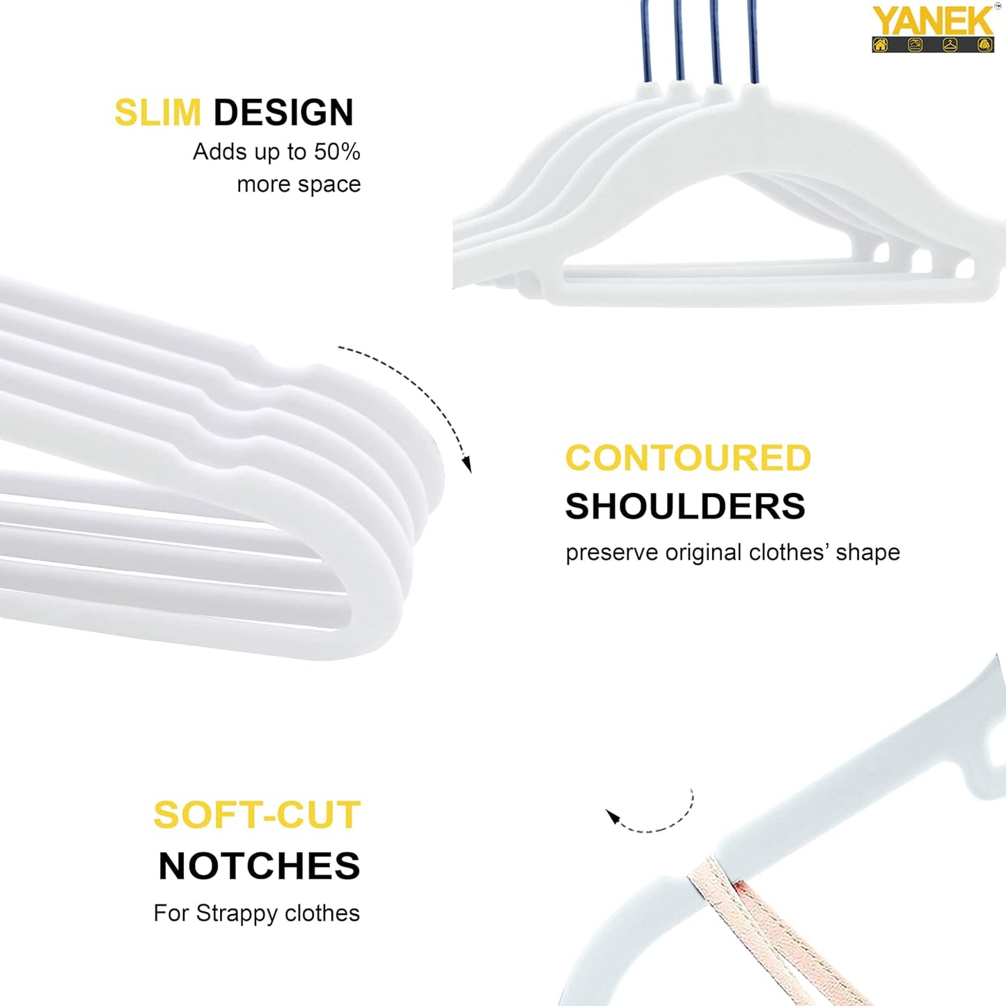 YANEK Non-Slip Velvet Hangers | Ultra Thin | Heavy Duty | 360° Rotating Hook | For Suit, Dress, Shirts (White, 50)