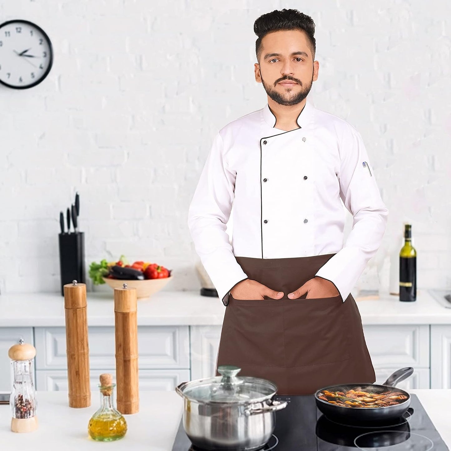 YANEK Kitchen Short Apron | Unisex | Chef Kitchen Adjustable Bib Apron with Pockets & Adjustable Tie Rope | For Home, Restaurant, Café, Hotel, Bakery, Salon