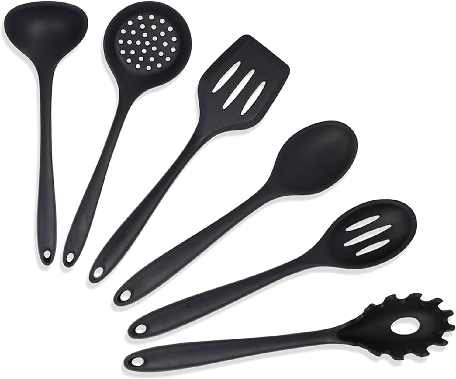 Yanek 6-Piece Silicon Kitchen Utensil Set - Non-Scratch Slotted Spatula, Slotted Spoon, Spaghetti Server, Serving Spoon, Soup Ladle for Cooking, Stirring, & Serving - Perfect Nonstick Cookware (Black)
