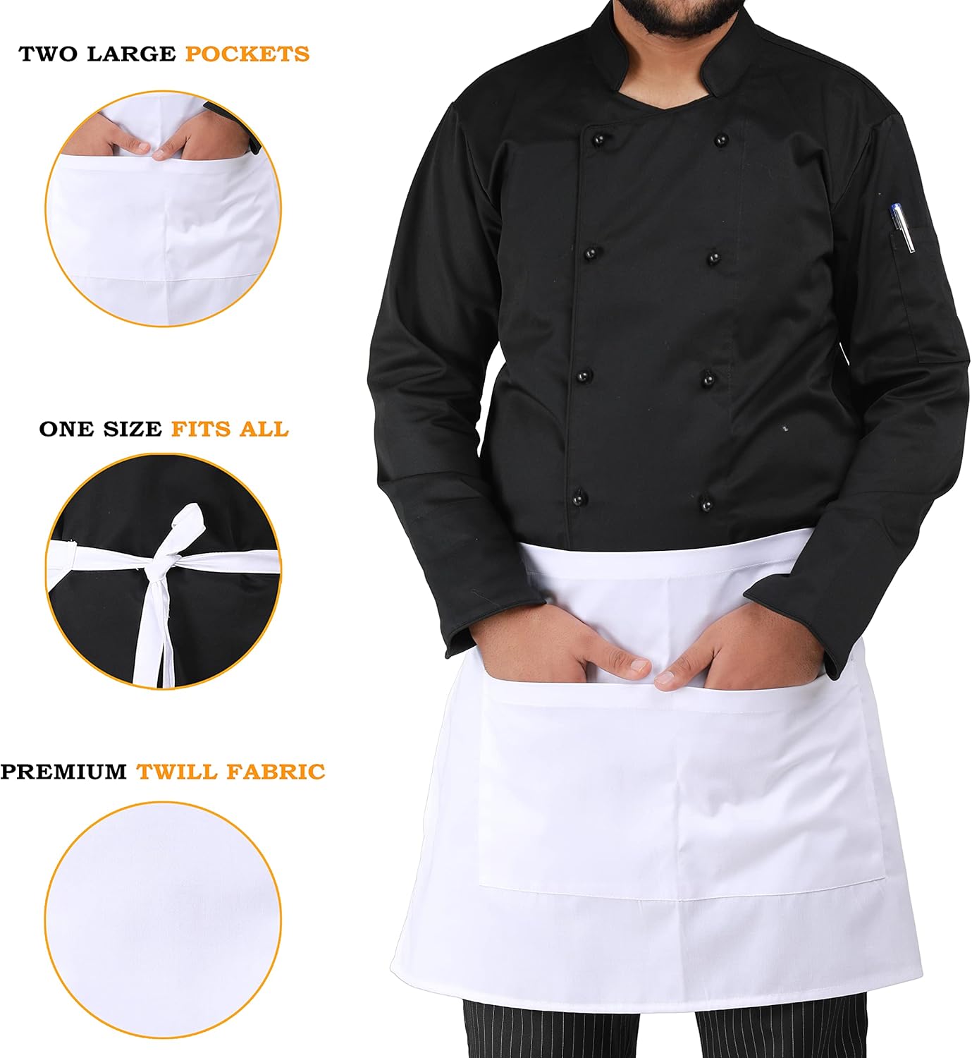 YANEK Kitchen Short Apron | Unisex | Chef Kitchen Adjustable Bib Apron with Pockets & Adjustable Tie Rope | For Home, Restaurant, Café, Hotel, Bakery, Salon