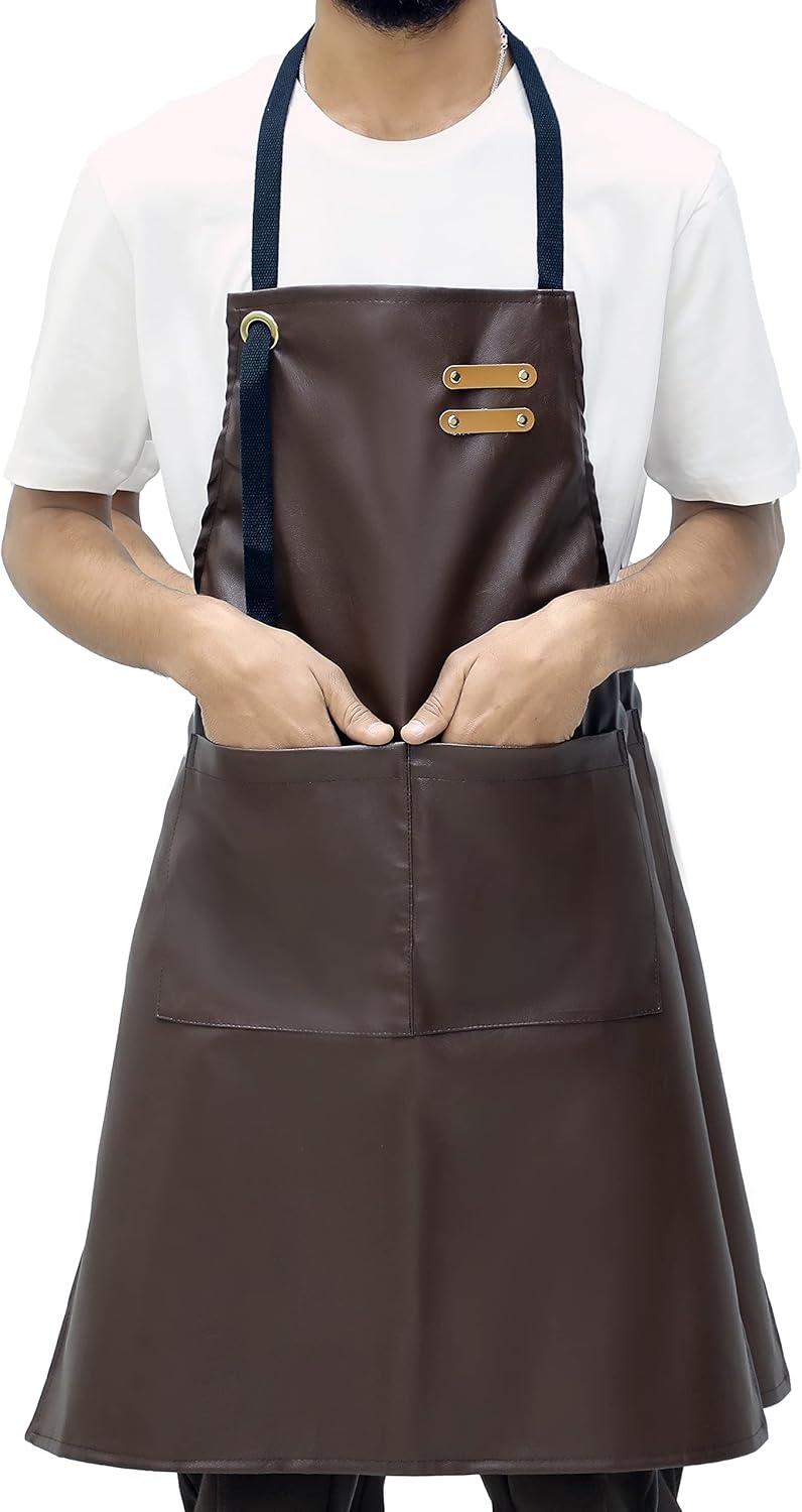 YANEK Unisex Waterproof Leather Chef Apron with Pockets | Leather Apron – Professional Heavy-duty for Home, Kitchen, BBQ, Coffee Shop | 2 Pockets, Adjustable Strap (Green)