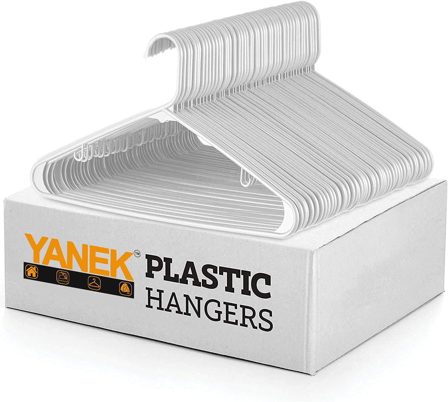 YANEK White Plastic Hangers – Space-Saving Clothes Hangers for Closet Organization, Durable, Lightweight & Design for Shirts, Dresses, Coats & More Ideal for Home or Laundry Use (Set of 5, Heavy Duty)