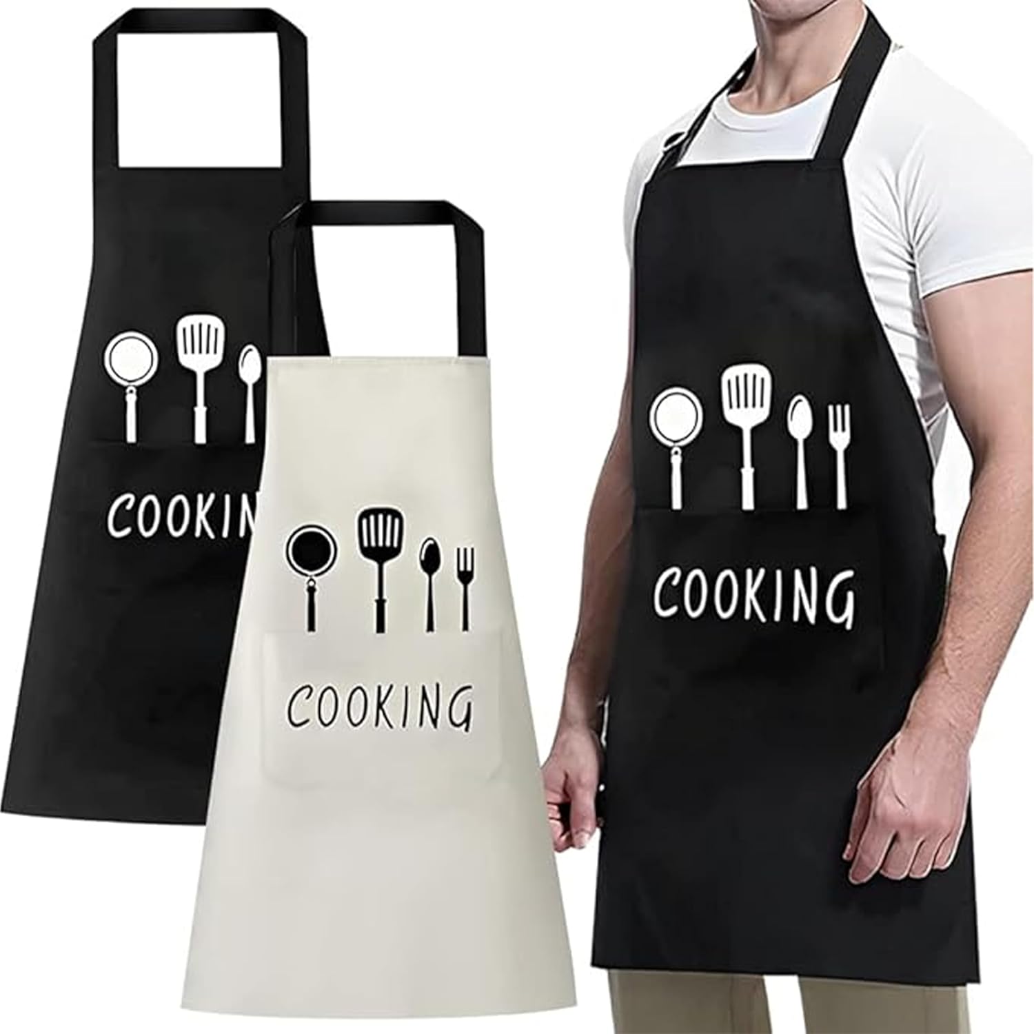 Yanek 2-Pack Adjustable Kitchen Aprons with Pockets – Waterproof, Oil-Proof Chef Bib Aprons with Adjustable Neck Strap, Perfect for Cooking, Baking, Grilling, and Household Use (White, Black)