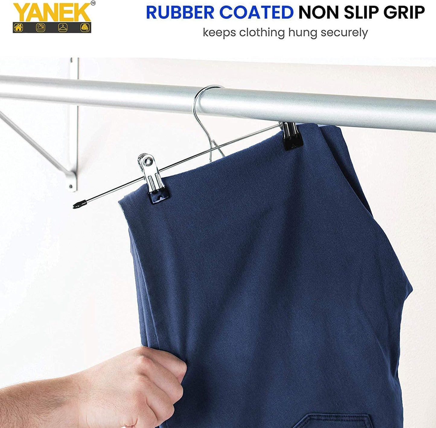 YANEK Pants & Skirt Hangers | With Adjustable Metal Clips | Space Saving (3, 12 Inch).