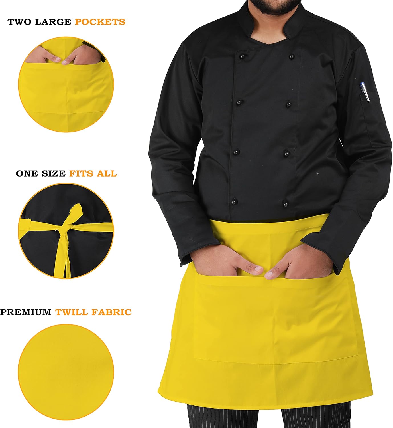 YANEK Kitchen Short Apron | Unisex | Chef Kitchen Adjustable Bib Apron with Pockets & Adjustable Tie Rope | For Home, Restaurant, Café, Hotel, Bakery, Salon
