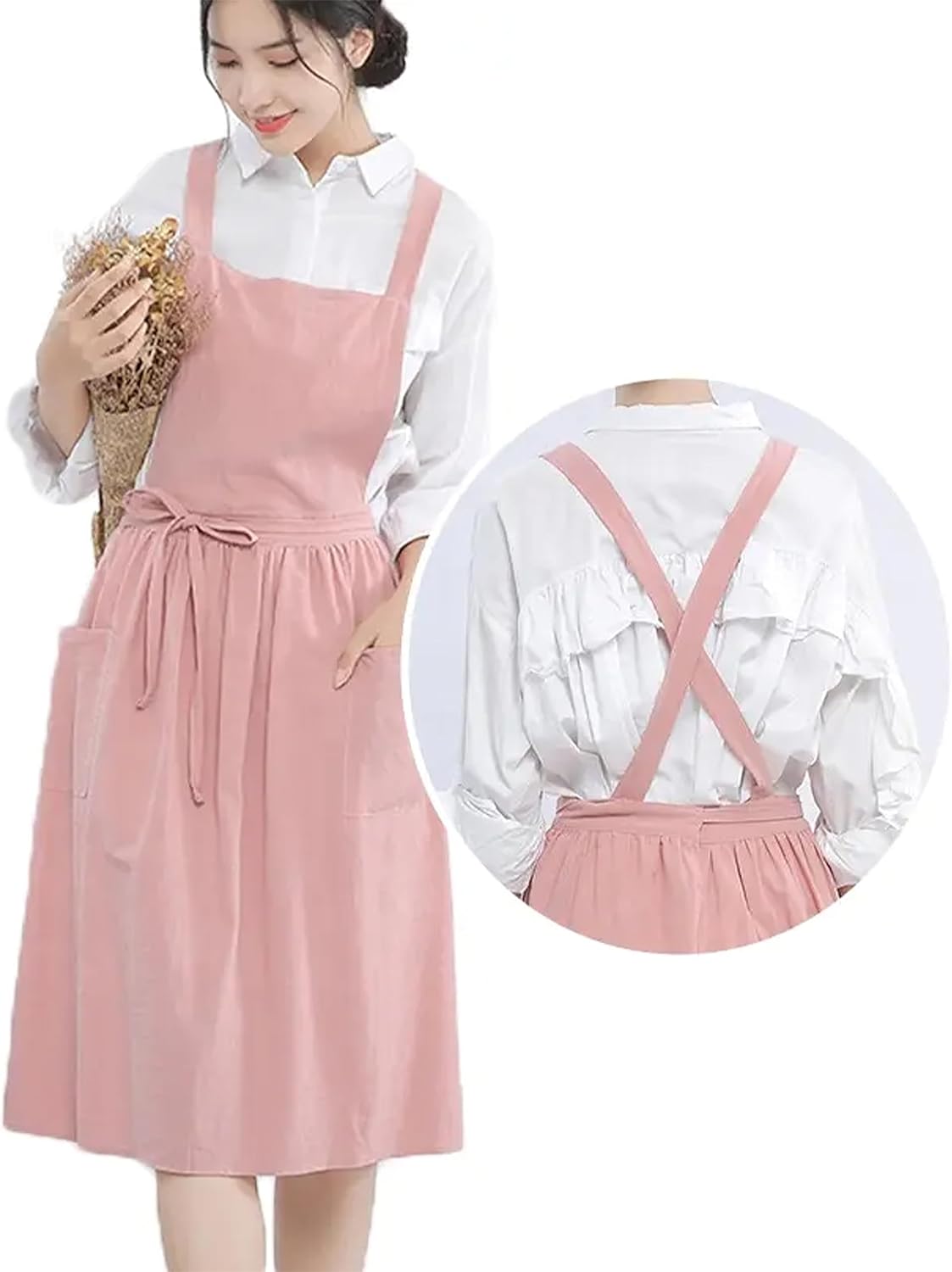YANEK Cotton Linen Kitchen Apron for Women Durable, Washable, Comfortable and Durable with Pockets and Adjustable Straps; Perfect for Cooking, Baking, Flower Shop, Work, Cleaning