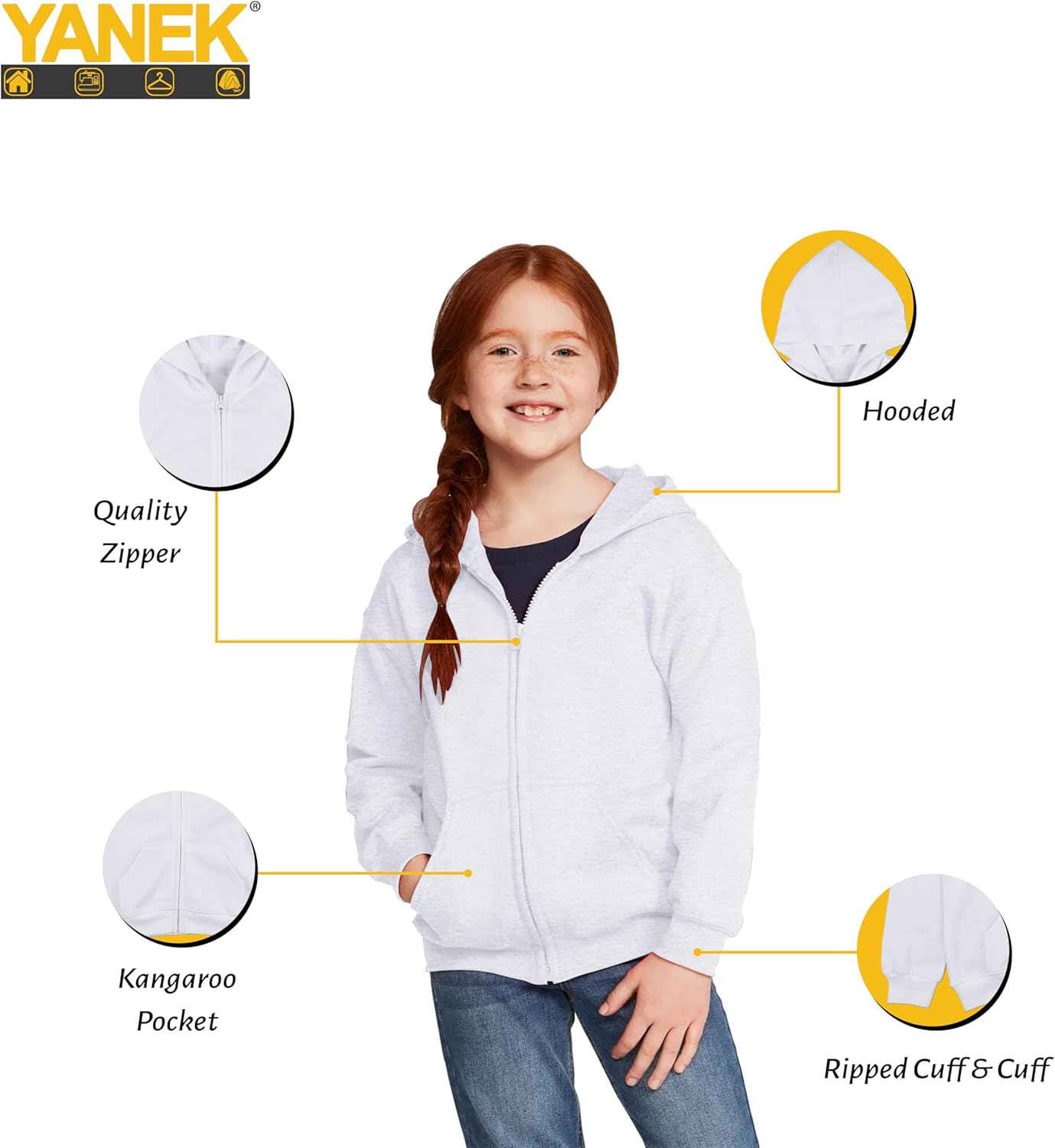 Yanek 300GSM Kids Zip-Up Hoodie Stylish Comfort with a Touch of Class Unisex Fleece Zipper Jacket A Perfect Blend of Fashion,Durable for Boys & Girls