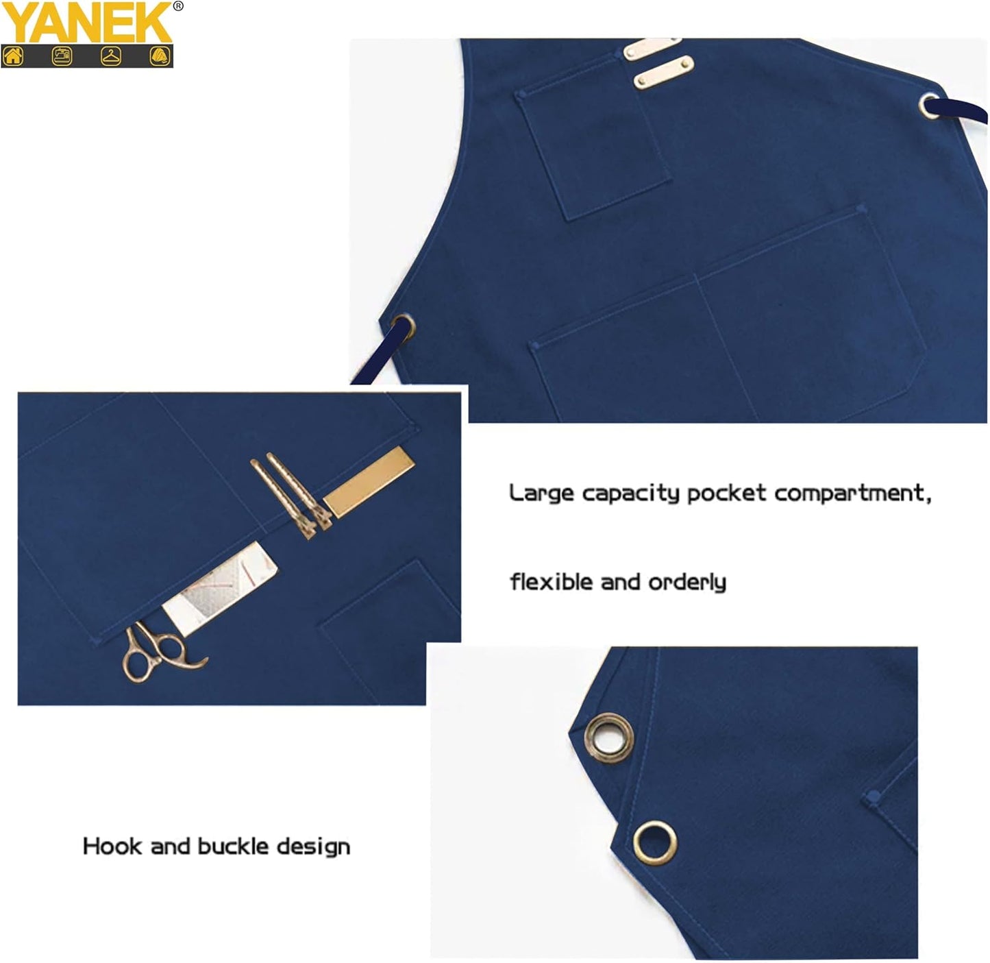 YANEK Chef Apron Cotton Canvas Cross Back Adjustable Apron with 3 Pockets Waterdrop Resistant | for Chef, Artist Painting, Baker, Barista, Bartender, Restaurant, BBQ Aprons for Unisex