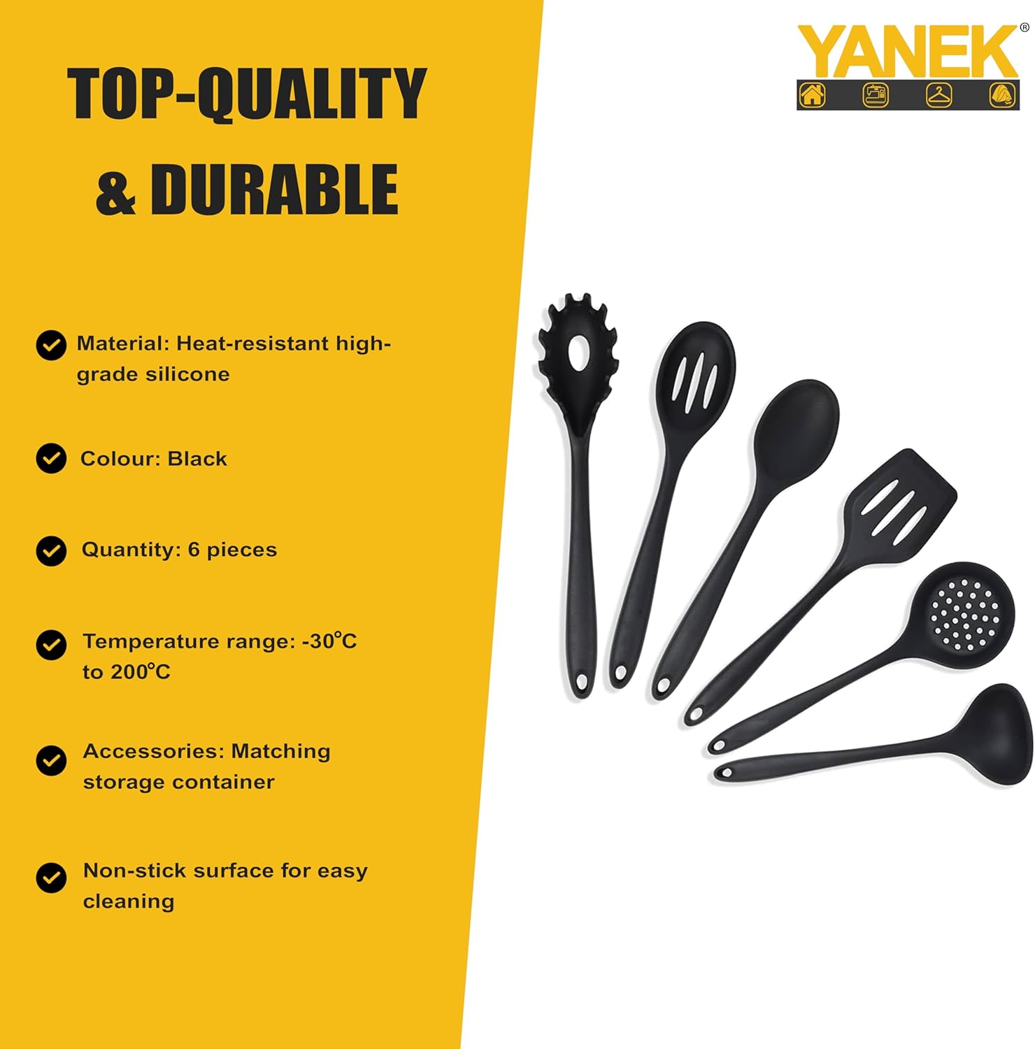 Yanek 6-Piece Silicon Kitchen Utensil Set - Non-Scratch Slotted Spatula, Slotted Spoon, Spaghetti Server, Serving Spoon, Soup Ladle for Cooking, Stirring, & Serving - Perfect Nonstick Cookware (Black)