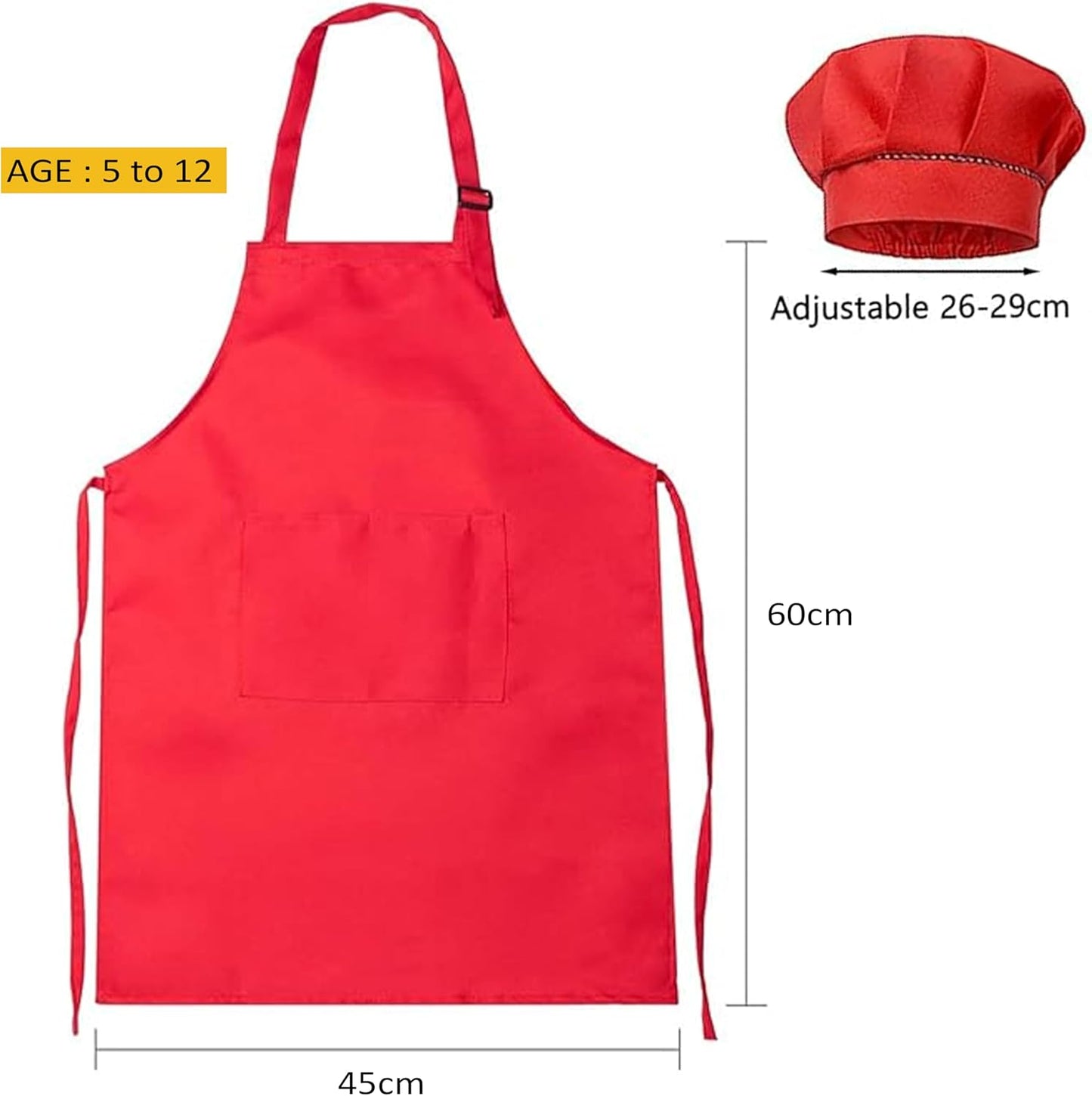 YANEK Kids Apron and Chef Hat Cooking Set, Adjustable Children Kitchen Chef Apron with 2 Pocket & Chef hat | Chef costume for kids, kids apron for painting set, Baking, Cooking (5-12 years)