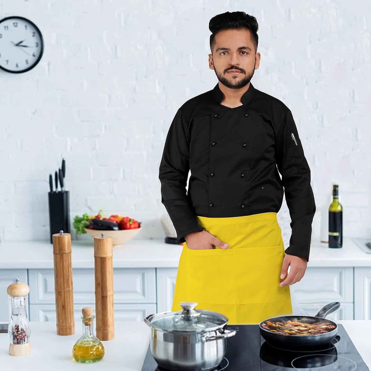 YANEK Kitchen Short Apron | Unisex | Chef Kitchen Adjustable Bib Apron with Pockets & Adjustable Tie Rope | For Home, Restaurant, Café, Hotel, Bakery, Salon