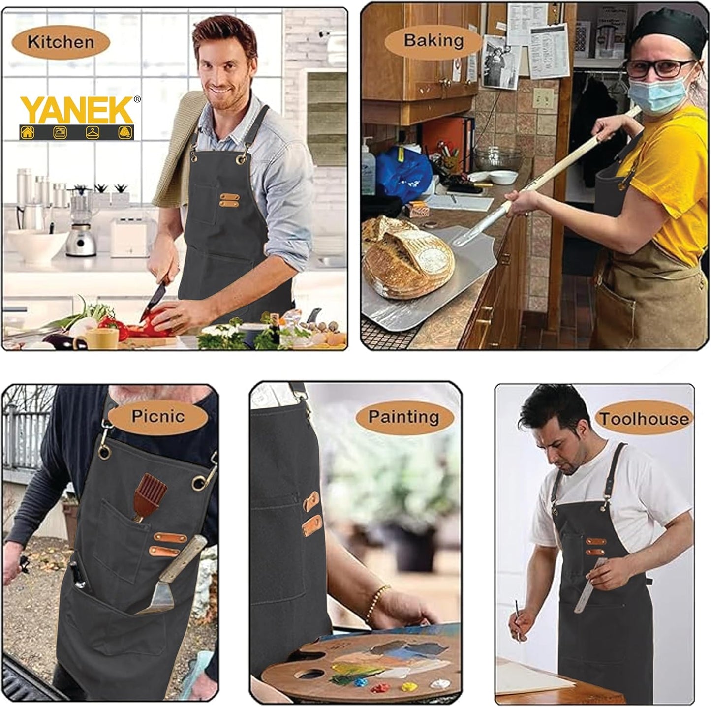 YANEK Chef Apron Cotton Canvas Cross Back Adjustable Apron with 3 Pockets Waterdrop Resistant | for Chef, Artist Painting, Baker, Barista, Bartender, Restaurant, BBQ Aprons for Unisex
